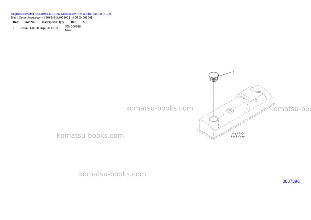 Komatsu SAA4D95LE-5J S/N 510888-UP (For WA100-6) Parts catalog cover