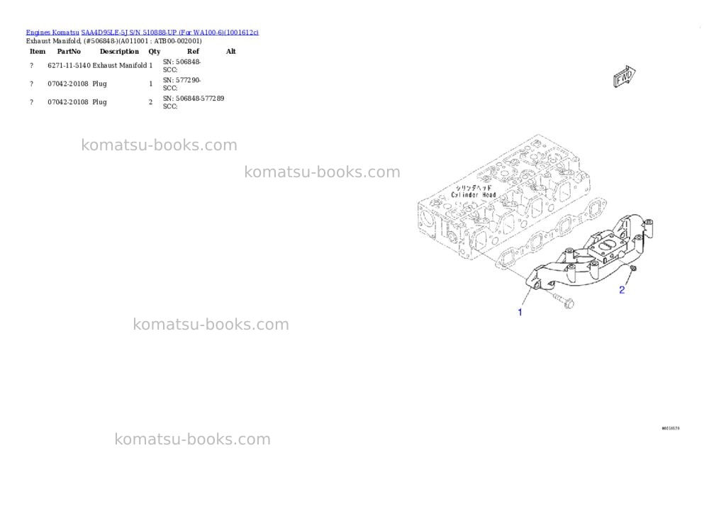 Komatsu SAA4D95LE-5J S/N 510888-UP (For WA100-6) Parts catalog cover Page 10