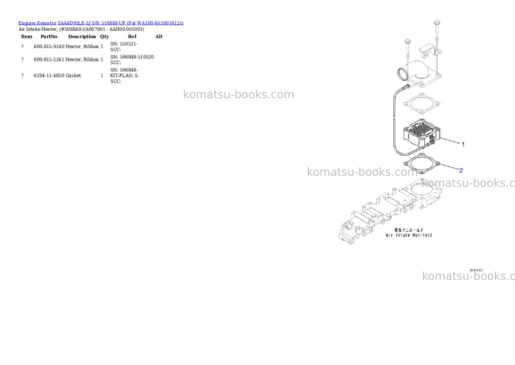 Komatsu SAA4D95LE-5J S/N 510888-UP (For WA100-6) Parts catalog cover Page 6