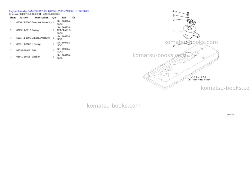 Komatsu SAA4D95LE-7 S/N 800755-UP (For PC130-11) Parts catalog cover Page 2