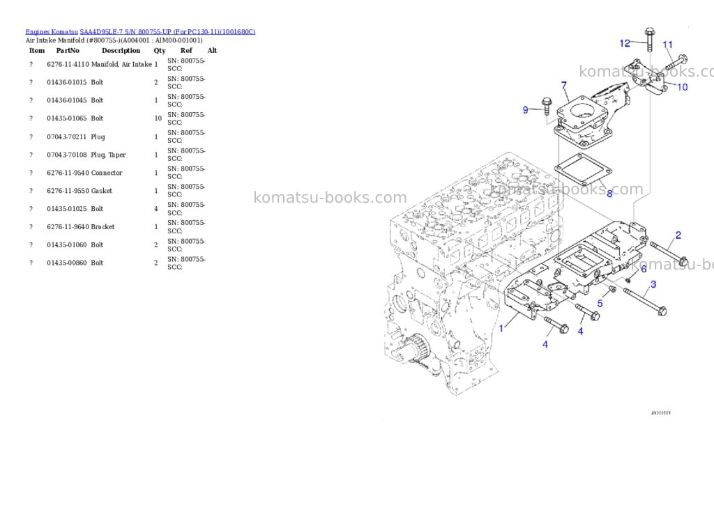 Komatsu SAA4D95LE-7 S/N 800755-UP (For PC130-11) Parts catalog cover Page 3