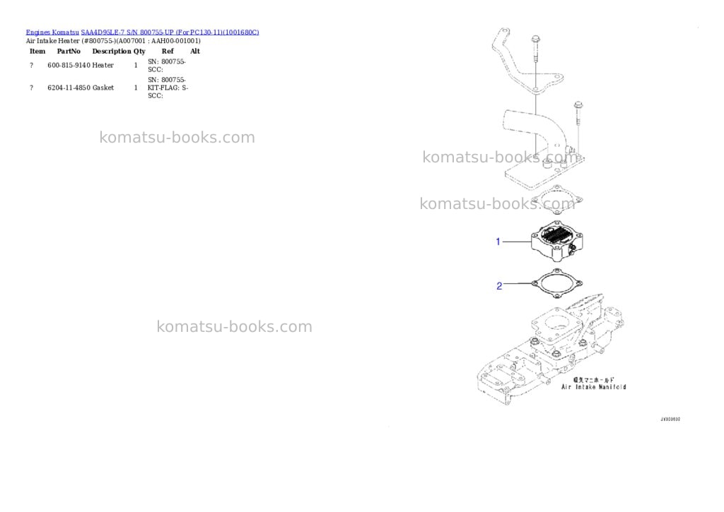 Komatsu SAA4D95LE-7 S/N 800755-UP (For PC130-11) Parts catalog cover Page 6