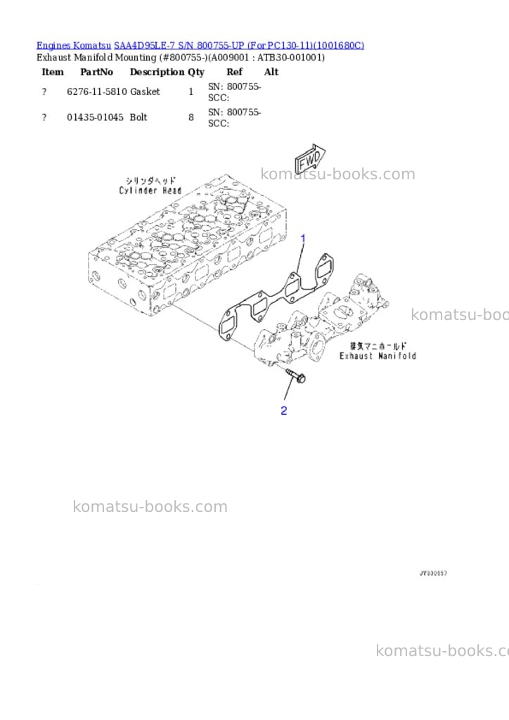 Komatsu SAA4D95LE-7 S/N 800755-UP (For PC130-11) Parts catalog cover Page 8