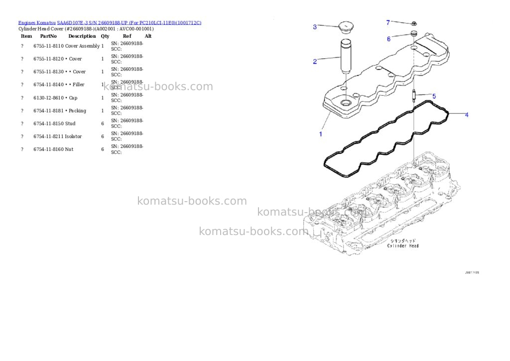 Komatsu SAA6D107E-3 S/N 26609188-UP (For PC210LCI-11E0) Parts catalog cover