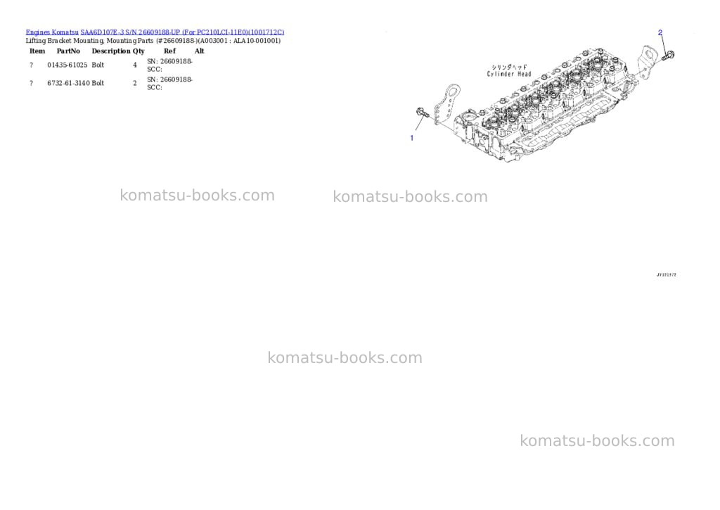 Komatsu SAA6D107E-3 S/N 26609188-UP (For PC210LCI-11E0) Parts catalog cover Page 2