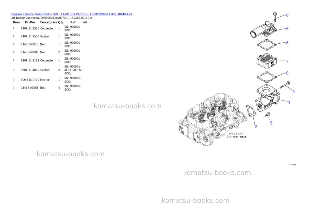 Komatsu SAA3D95E-1 S/N 111-UP (For PC78US-11E0/PC88MR-11E0) Parts catalog cover Page 6 Komatsu SAA3D95E-1 S/N 111-UP (For PC78US-11E0/PC88MR-11E0) Parts catalog cover Page 6