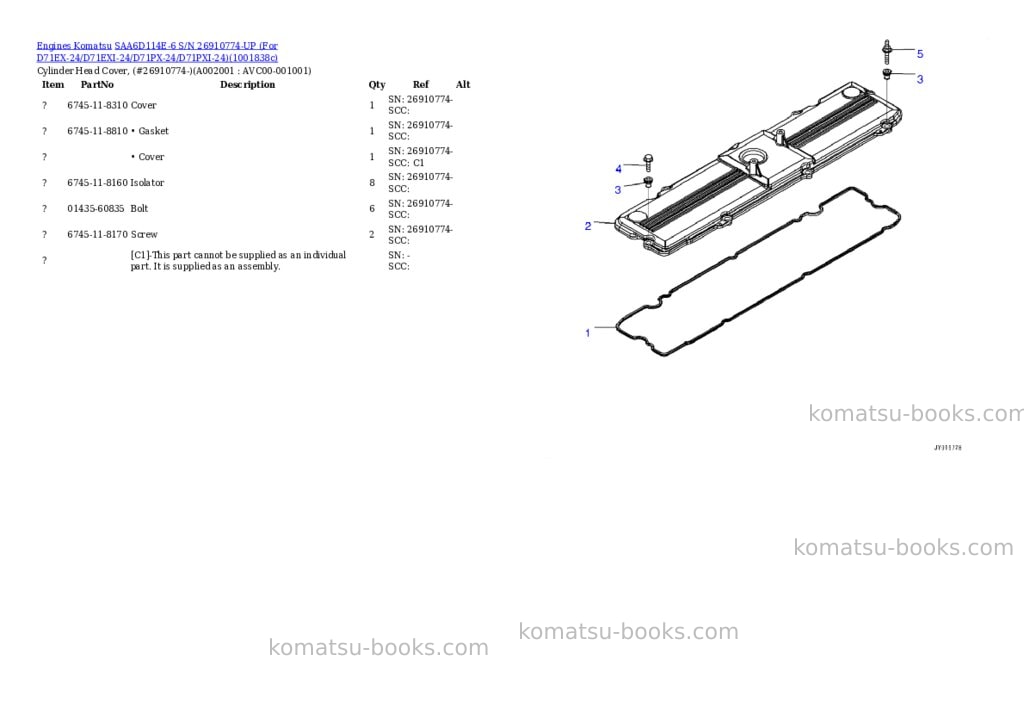 Komatsu SAA6D114E-6 S/N 26910774-UP (For D71EX-24/D71EXI-24/D71PX-24/D71PXI-24) Parts catalog cover Komatsu SAA6D114E-6 S/N 26910774-UP (For D71EX-24/D71EXI-24/D71PX-24/D71PXI-24) Parts catalog cover