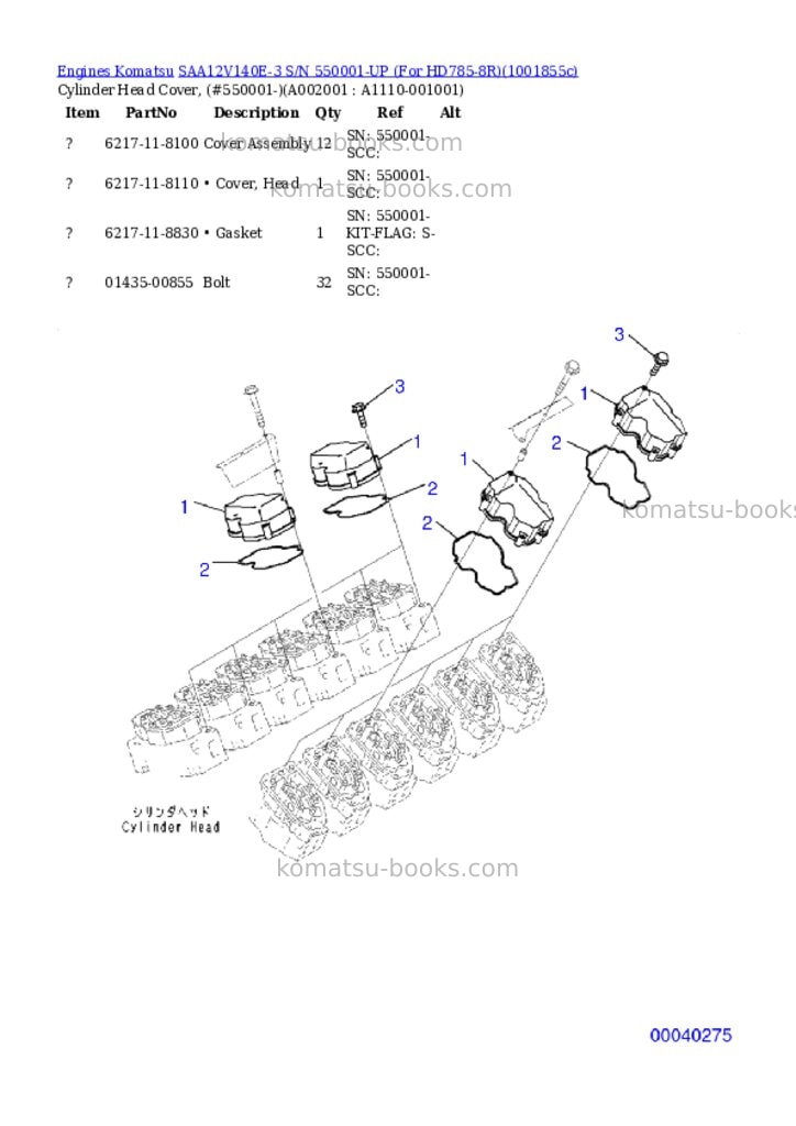 Komatsu SAA12V140E-3 S/N 550001-UP (For HD785-8R) Parts catalog cover