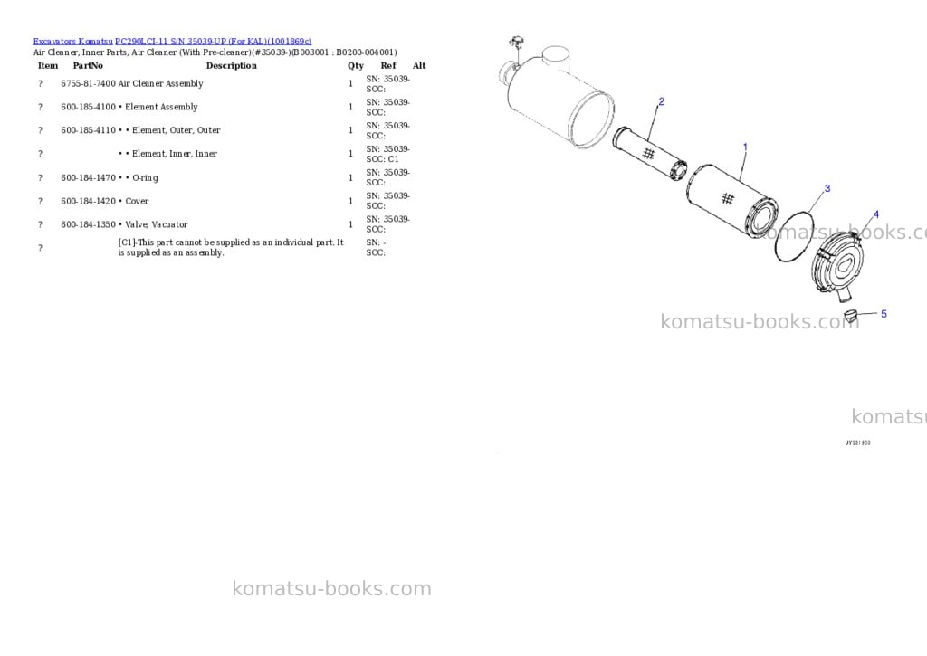 Komatsu PC290LCI-11 S/N 35039-UP (For KAL) Parts catalog cover Page 5