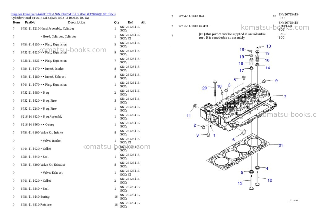 Komatsu SAA4D107E-1 S/N 26725415-UP (For WA200-6) Parts catalog cover
