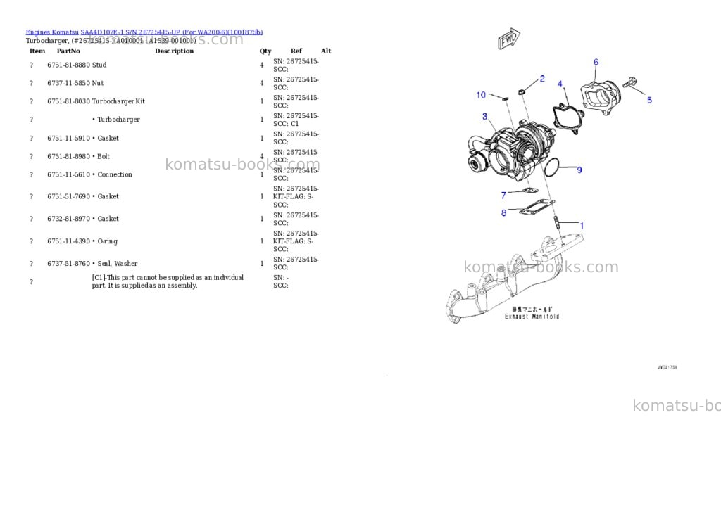 Komatsu SAA4D107E-1 S/N 26725415-UP (For WA200-6) Parts catalog cover Page 10
