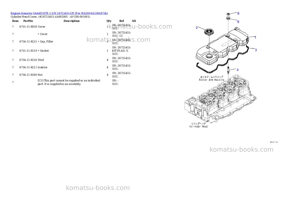 Komatsu SAA4D107E-1 S/N 26725415-UP (For WA200-6) Parts catalog cover Page 2