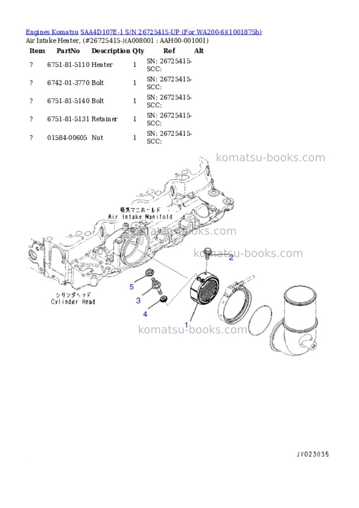 Komatsu SAA4D107E-1 S/N 26725415-UP (For WA200-6) Parts catalog cover Page 8