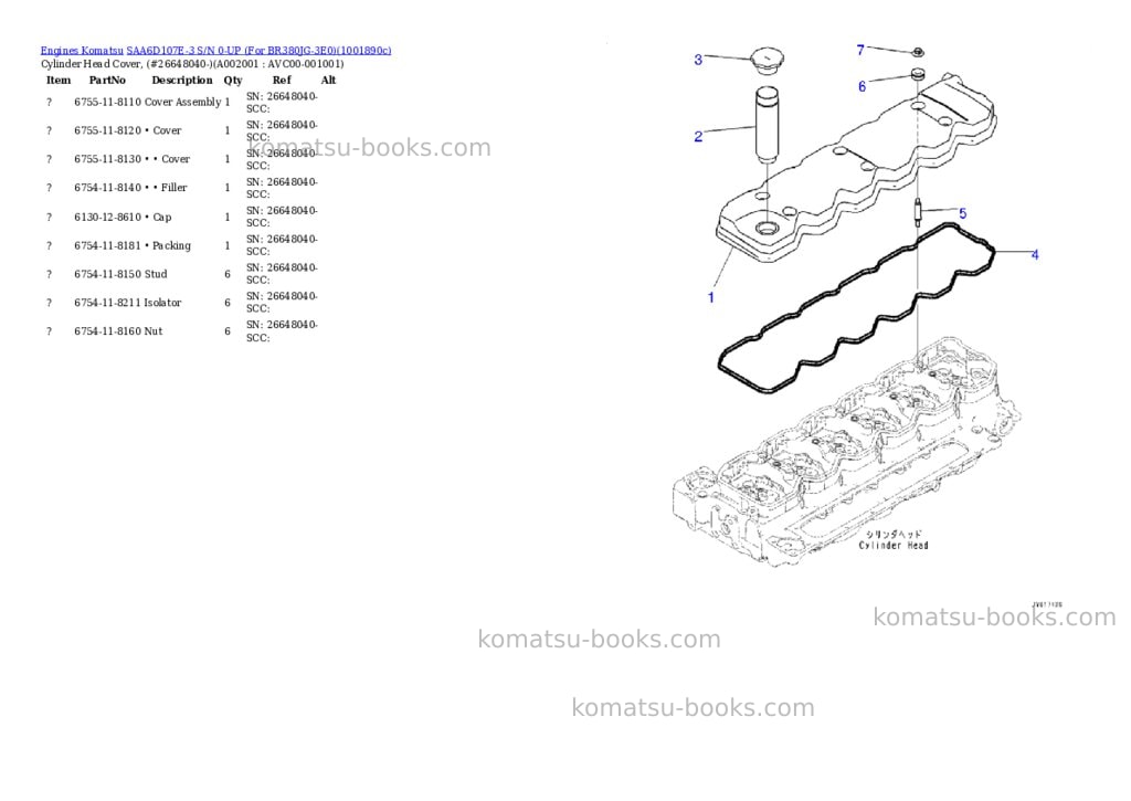 Komatsu SAA6D107E-3 S/N 0-UP (For BR380JG-3E0) Parts catalog cover