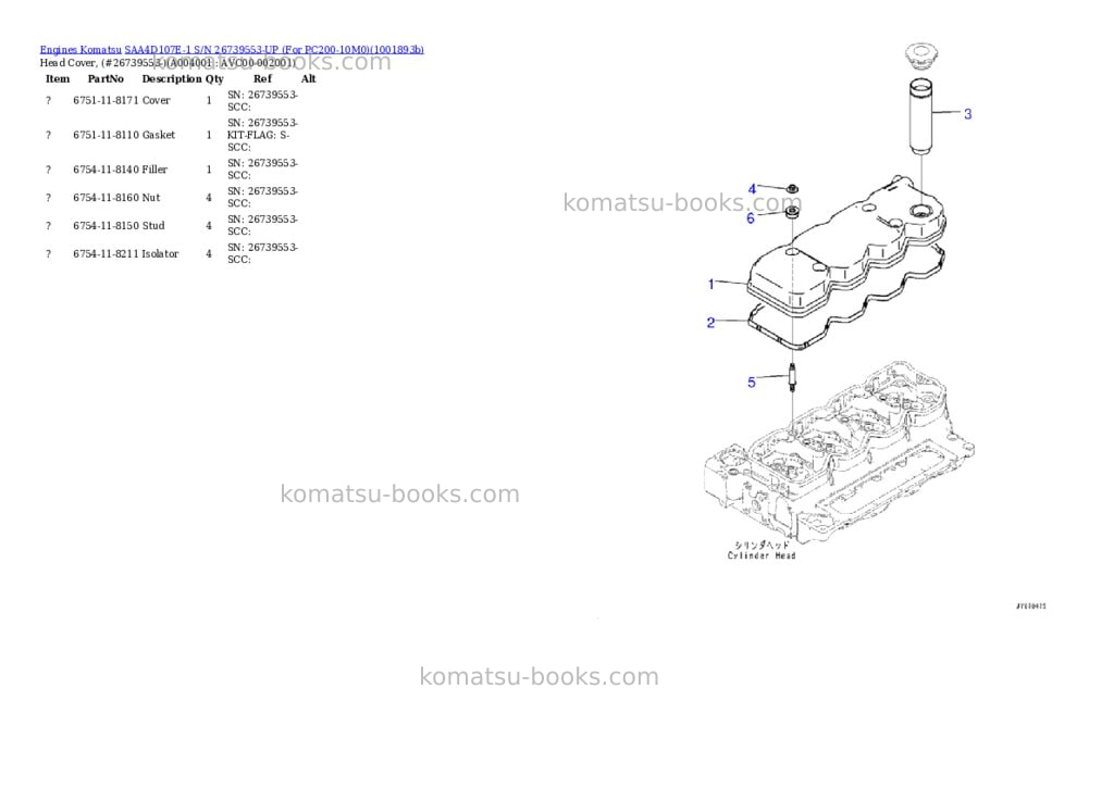 Komatsu SAA4D107E-1 S/N 26739553-UP (For PC200-10M0) Parts catalog cover Page 3