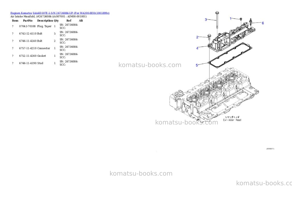 Komatsu SAA4D107E-5 S/N 26736084-UP (For WA200-8E0) Parts catalog cover Page 6