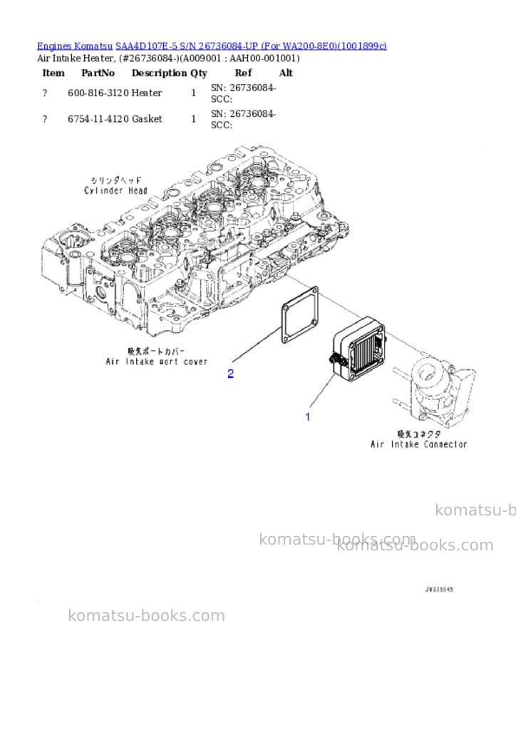 Komatsu SAA4D107E-5 S/N 26736084-UP (For WA200-8E0) Parts catalog cover Page 8