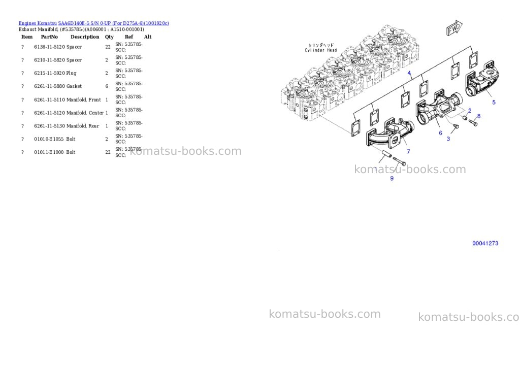 Komatsu SAA6D140E-5 S/N 0-UP (For D275A-6) Parts catalog cover Page 6 Komatsu SAA6D140E-5 S/N 0-UP (For D275A-6) Parts catalog cover Page 6