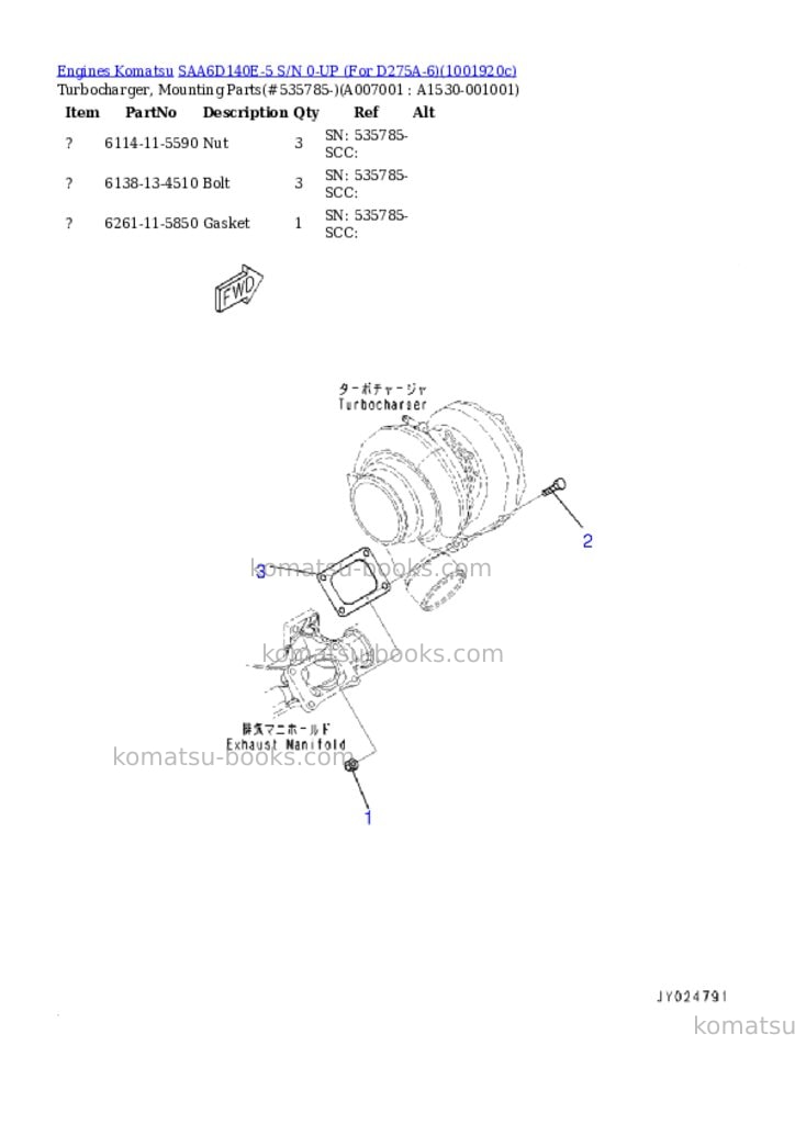 Komatsu SAA6D140E-5 S/N 0-UP (For D275A-6) Parts catalog cover Page 7 Komatsu SAA6D140E-5 S/N 0-UP (For D275A-6) Parts catalog cover Page 7