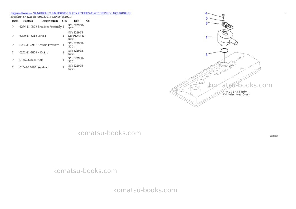 Komatsu SAA4D95LE-7 S/N 800001-UP (For PC138US-11/PC138USLC-11/) Parts catalog cover Page 2
