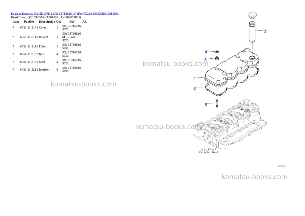 Komatsu SAA4D107E-1 S/N 26746526-UP (For PC200-10M0CE) Parts catalog cover Page 3