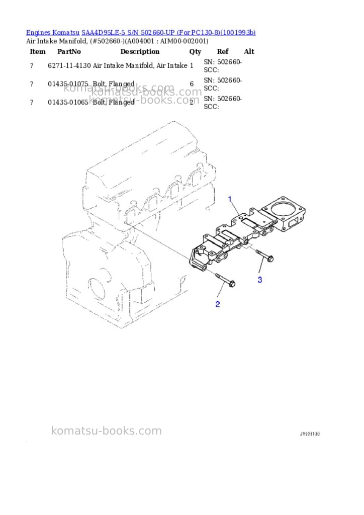Komatsu SAA4D95LE-5 S/N 502660-UP (For PC130-8) Parts catalog cover Page 3 Komatsu SAA4D95LE-5 S/N 502660-UP (For PC130-8) Parts catalog cover Page 3