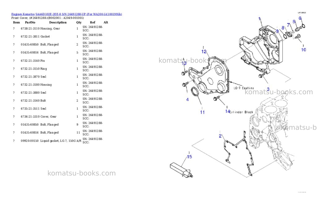 Komatsu SAA6D102E-2EE-8 S/N 26491288-UP (For WA200-5) Parts catalog cover