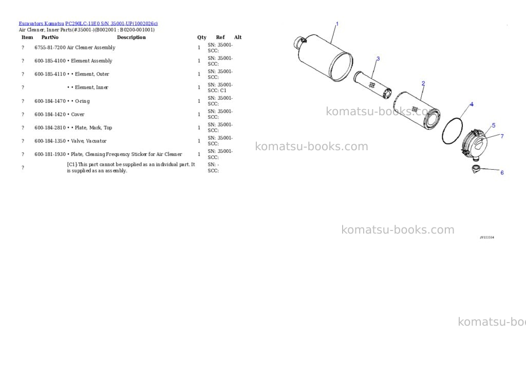 Komatsu PC290LC-11E0 S/N 35001-UP Parts catalog cover Komatsu PC290LC-11E0 S/N 35001-UP Parts catalog cover