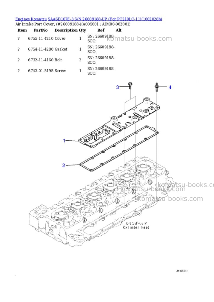Komatsu SAA6D107E-3 S/N 26609188-UP (For PC210LC-11) Parts catalog cover Page 5