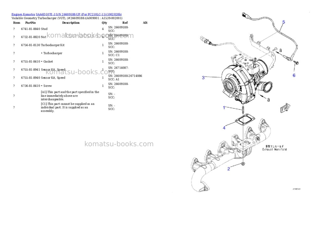 Komatsu SAA6D107E-3 S/N 26609188-UP (For PC210LC-11) Parts catalog cover Page 9