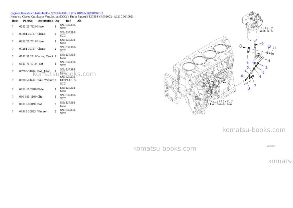 Komatsu SAA6D140E-7 S/N 837398-UP (For GD955-7) Parts catalog cover Page 2