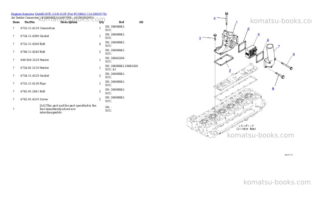 Komatsu SAA6D107E-3 S/N 0-UP (For PC290LC-11) Parts catalog cover Page 7