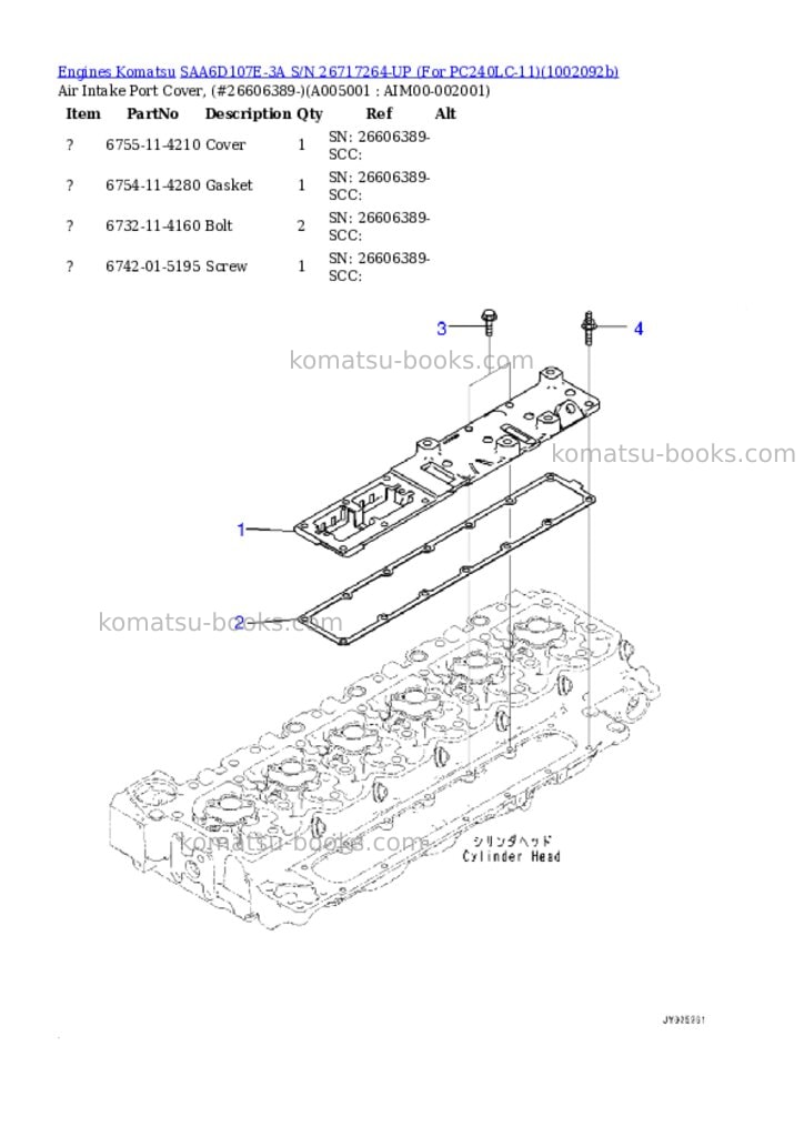 Komatsu SAA6D107E-3A S/N 26717264-UP (For PC240LC-11) Parts catalog cover Page 5