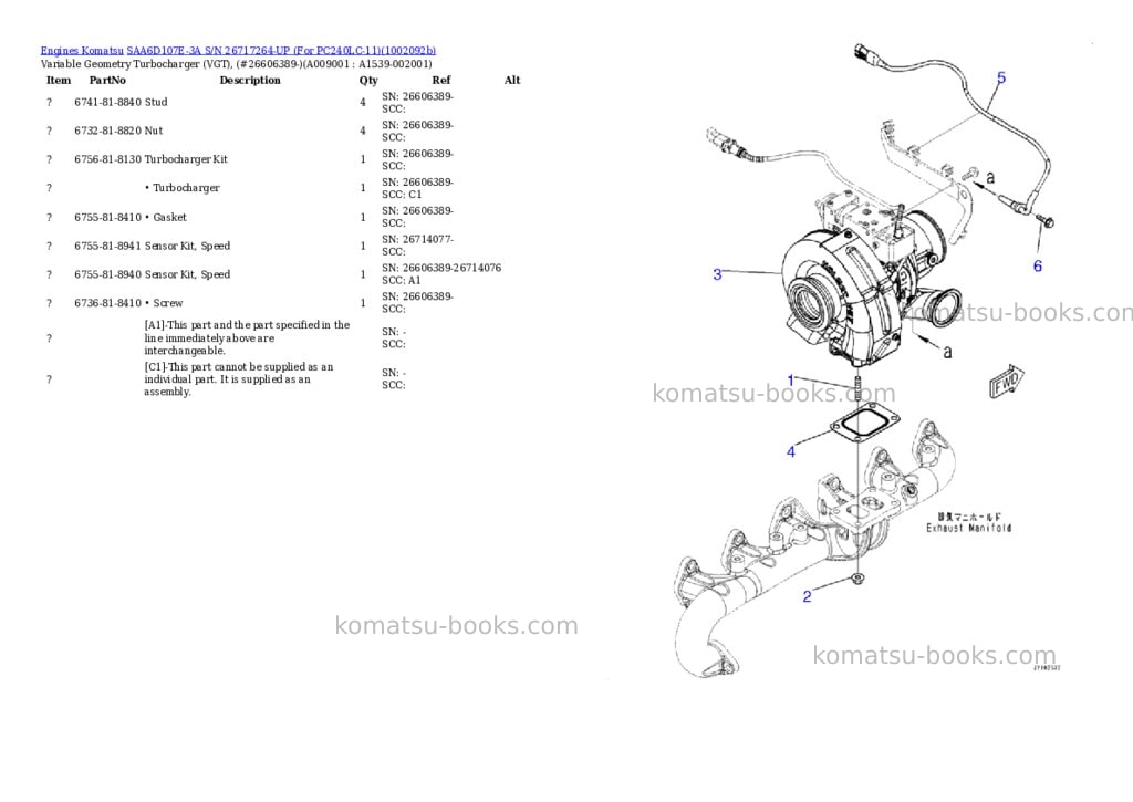 Komatsu SAA6D107E-3A S/N 26717264-UP (For PC240LC-11) Parts catalog cover Page 9