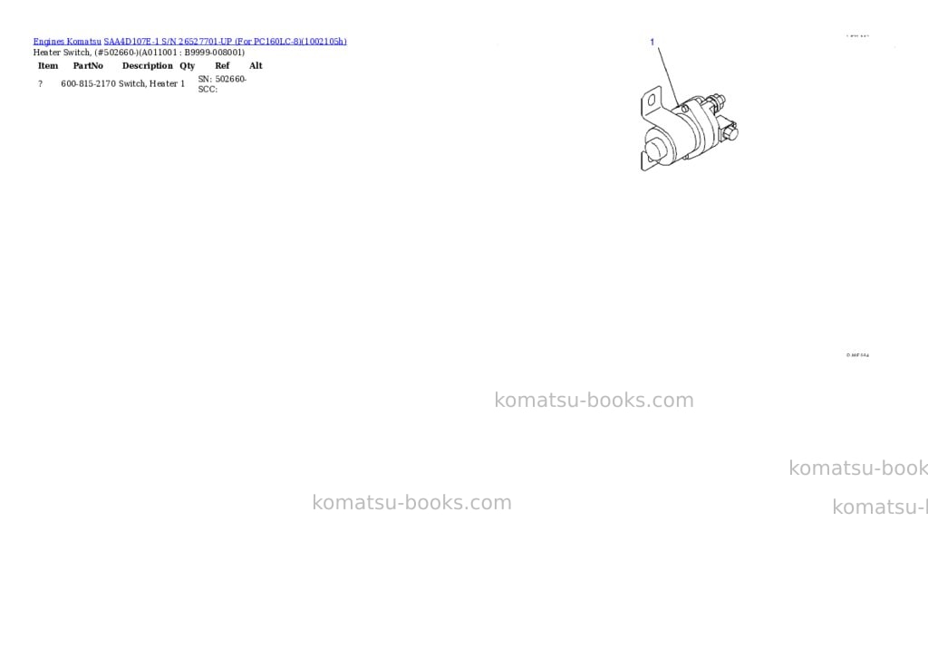 Komatsu SAA4D107E-1 S/N 26527701-UP (For PC160LC-8) Parts catalog cover Page 10