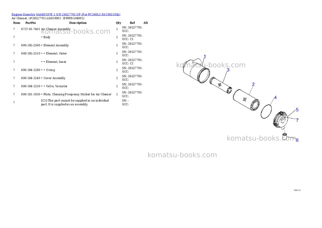 Komatsu SAA4D107E-1 S/N 26527701-UP (For PC160LC-8) Parts catalog cover Page 9