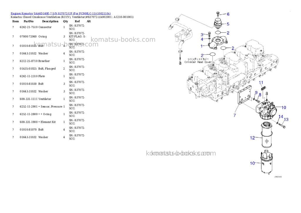 Komatsu SAA6D140E-7 S/N 837072-UP (For PC900LC-11) Parts catalog cover