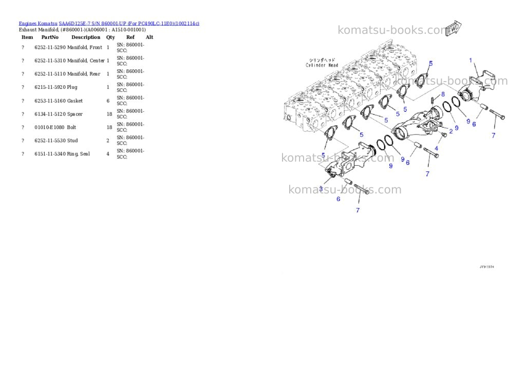 Komatsu SAA6D125E-7 S/N 860001-UP (For PC490LC-11E0) Parts catalog cover Page 5 Komatsu SAA6D125E-7 S/N 860001-UP (For PC490LC-11E0) Parts catalog cover Page 5