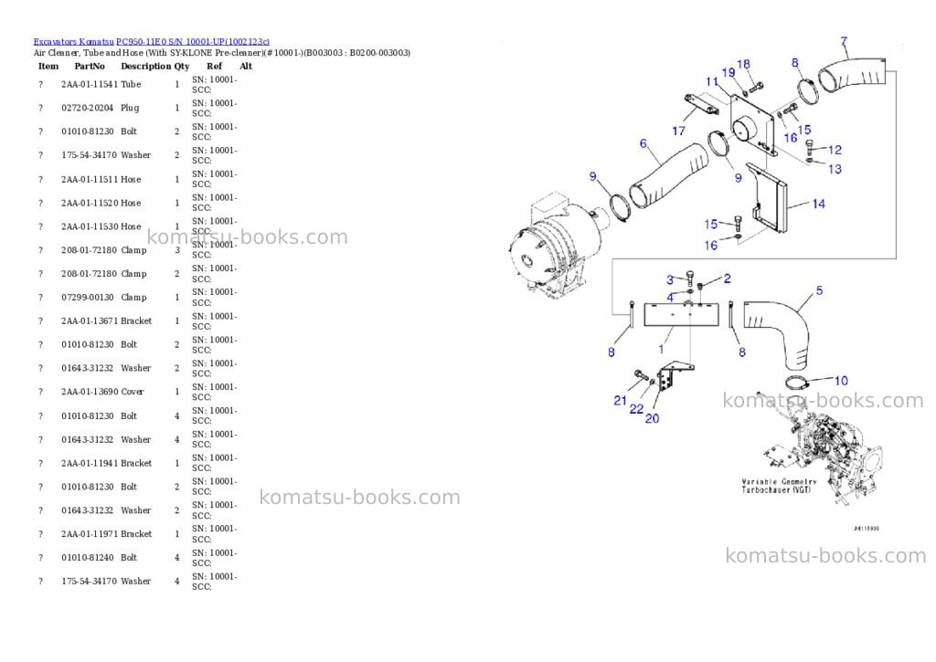 Komatsu PC950-11E0 S/N 10001-UP Parts catalog cover Page 9 Komatsu PC950-11E0 S/N 10001-UP Parts catalog cover Page 9