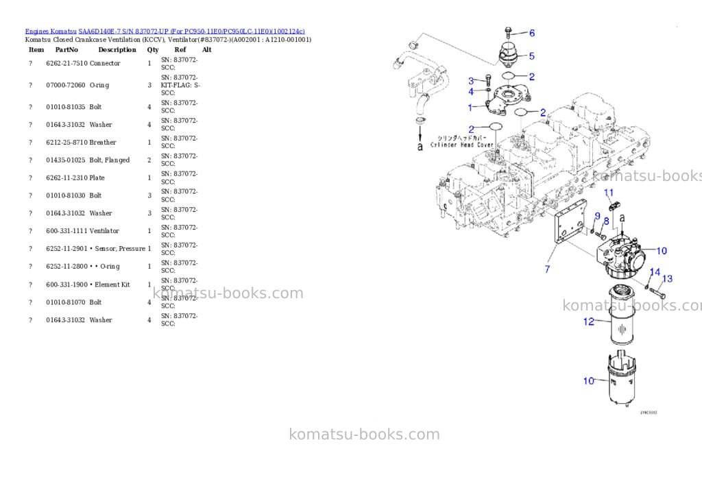 Komatsu SAA6D140E-7 S/N 837072-UP (For PC950-11E0/PC950LC-11E0) Parts catalog cover