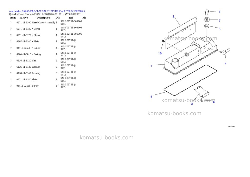 Komatsu SAA4D95LE-5L-W S/N 531217-UP (For PC70-8) Parts catalog cover