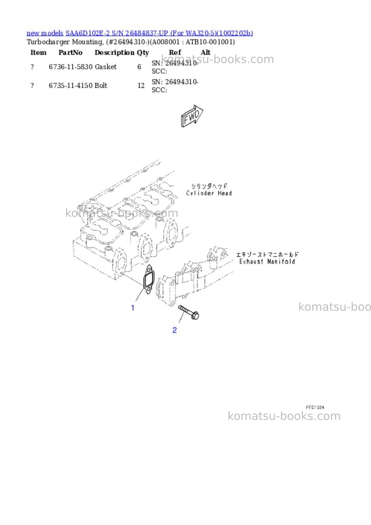 Komatsu SAA6D102E-2 S/N 26484837-UP (For WA320-5) Parts catalog cover Page 8