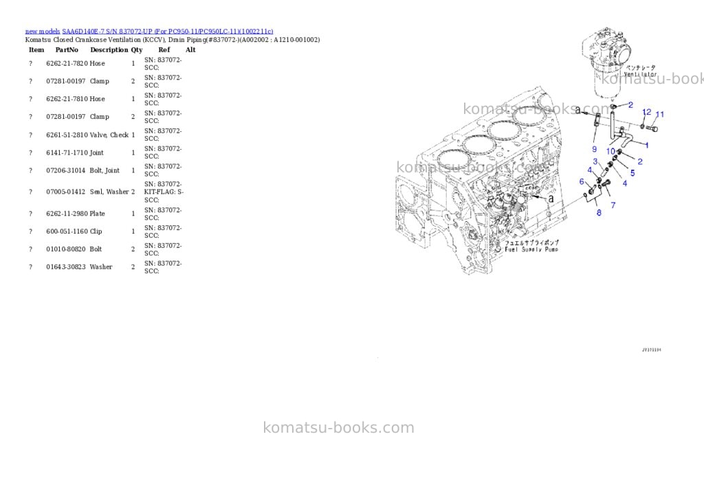Komatsu SAA6D140E-7 S/N 837072-UP (For PC950-11/PC950LC-11) Parts catalog cover Page 3 Komatsu SAA6D140E-7 S/N 837072-UP (For PC950-11/PC950LC-11) Parts catalog cover Page 3