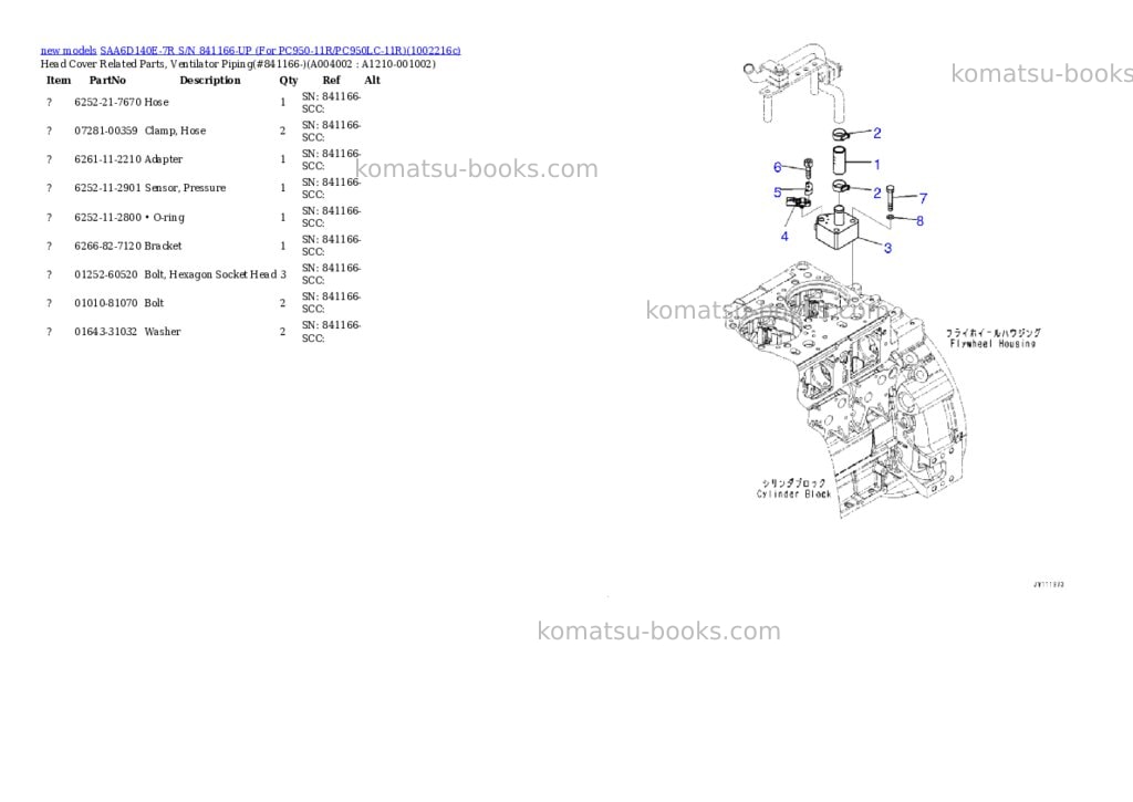 Komatsu SAA6D140E-7R S/N 841166-UP (For PC950-11R/PC950LC-11R) Parts catalog cover Page 5