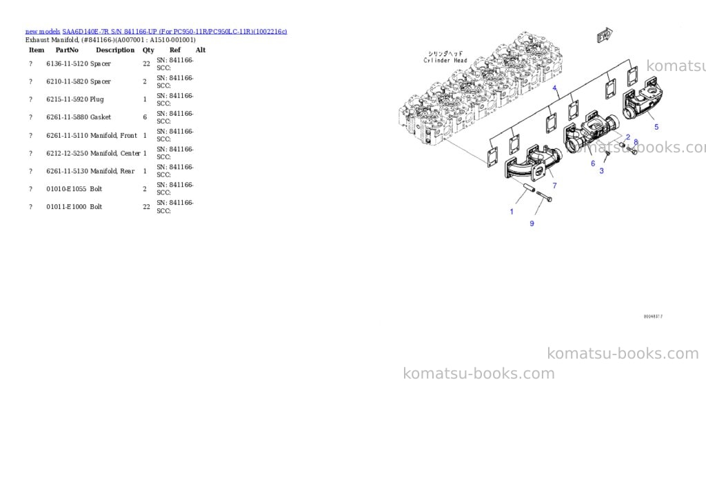 Komatsu SAA6D140E-7R S/N 841166-UP (For PC950-11R/PC950LC-11R) Parts catalog cover Page 8