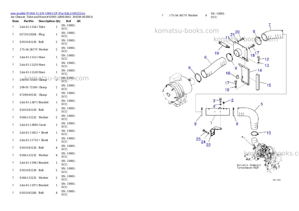 Komatsu PC950-11 S/N 10001-UP (For KAL) Parts catalog cover Page 10