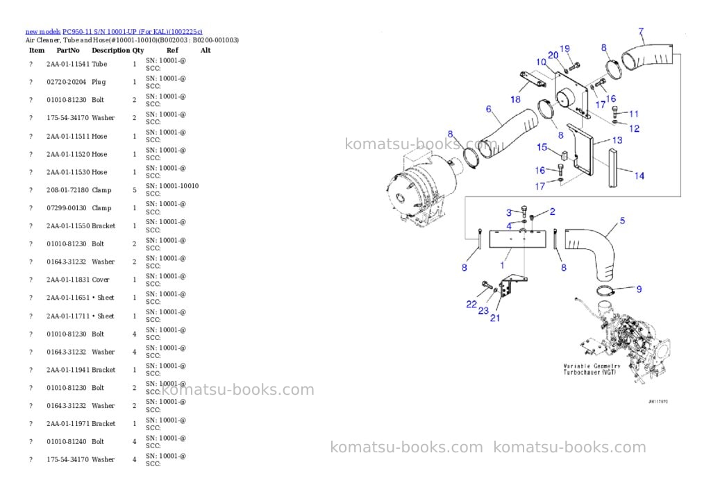 Komatsu PC950-11 S/N 10001-UP (For KAL) Parts catalog cover Page 4