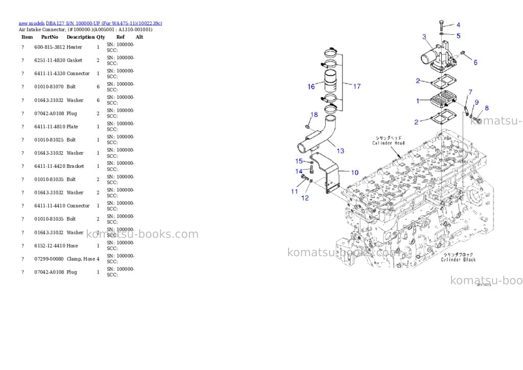 Komatsu DBA127 S/N 100000-UP (For WA475-11) Parts catalog cover Page 6