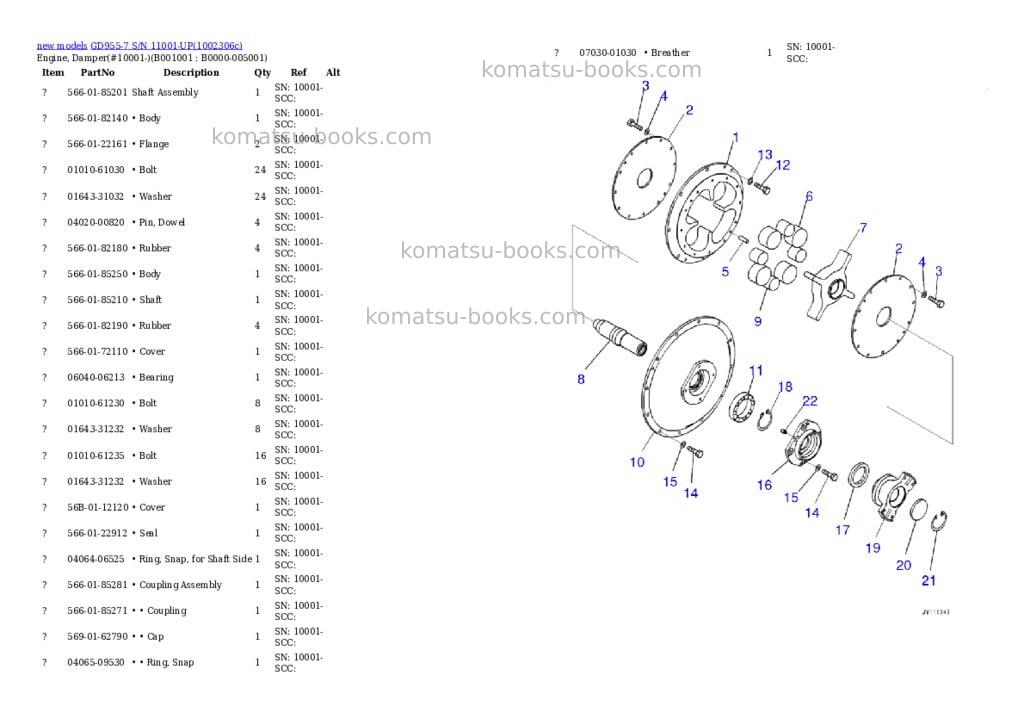 Komatsu GD955-7 S/N 11001-UP Parts catalog cover