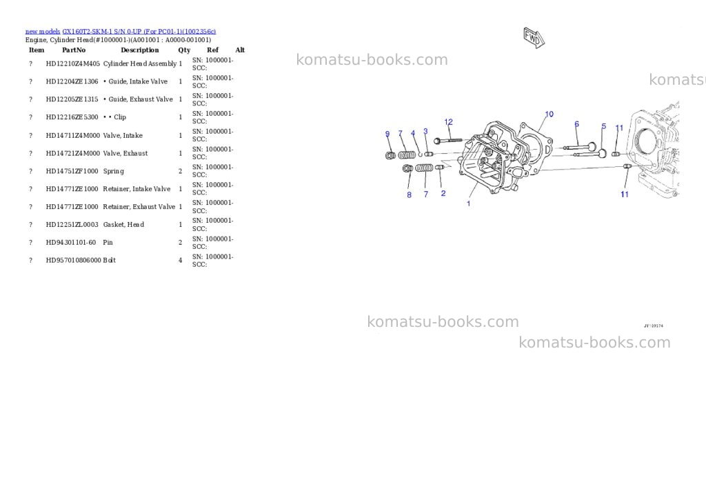 Komatsu GX160T2-SKM-1 S/N 0-UP (For PC01-1) Parts catalog cover